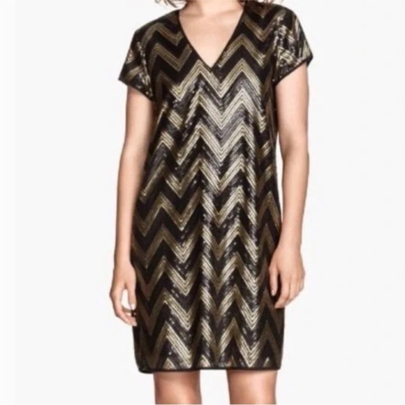 H&M Black & Gold sequin chevron mini dress V Neck Woman’s Size XS - Picture 1 of 11